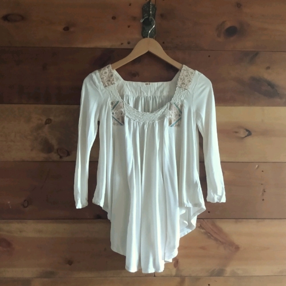 Free People Lace & Embroidered Square Neck Top